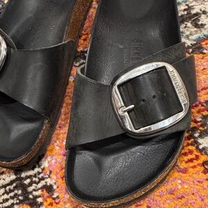 Birkenstock black Madrid Slide Sandals with Silver Buckle